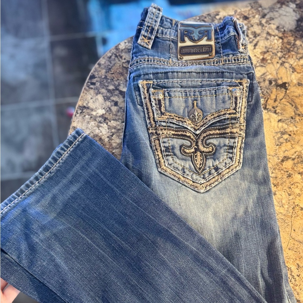 Rock Revival Men's Distressed Blue Embroidered Pocket Bootcut Jeans